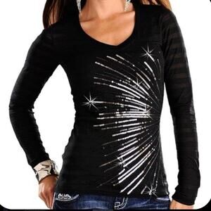 Rock & Roll Cowgirl brand Womens Panhandle Slim Sequin Semi Sheer Concert Tee M
